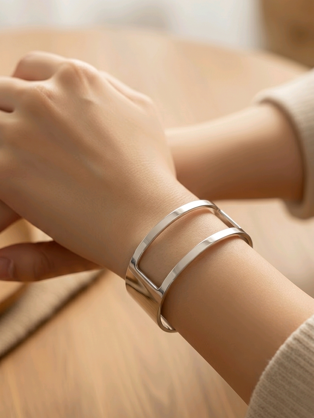 NWT Polished Silver Open Double-Bar Cuff Bracelet -7/8" Wide